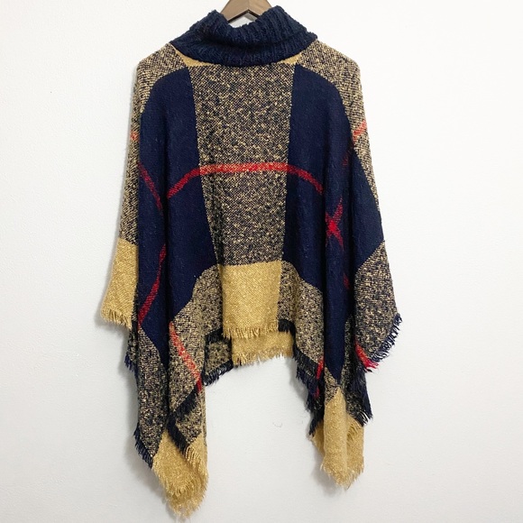 Sweaters - Plaid Turtleneck Poncho Mini Fringe Hem
